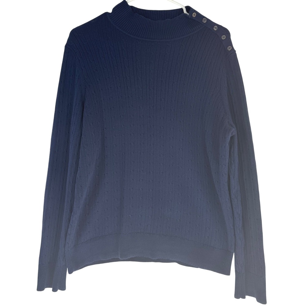 Kim Rogers Womens Mock Neck Long Sleeve Button Knit Pullover Navy Sweater Large